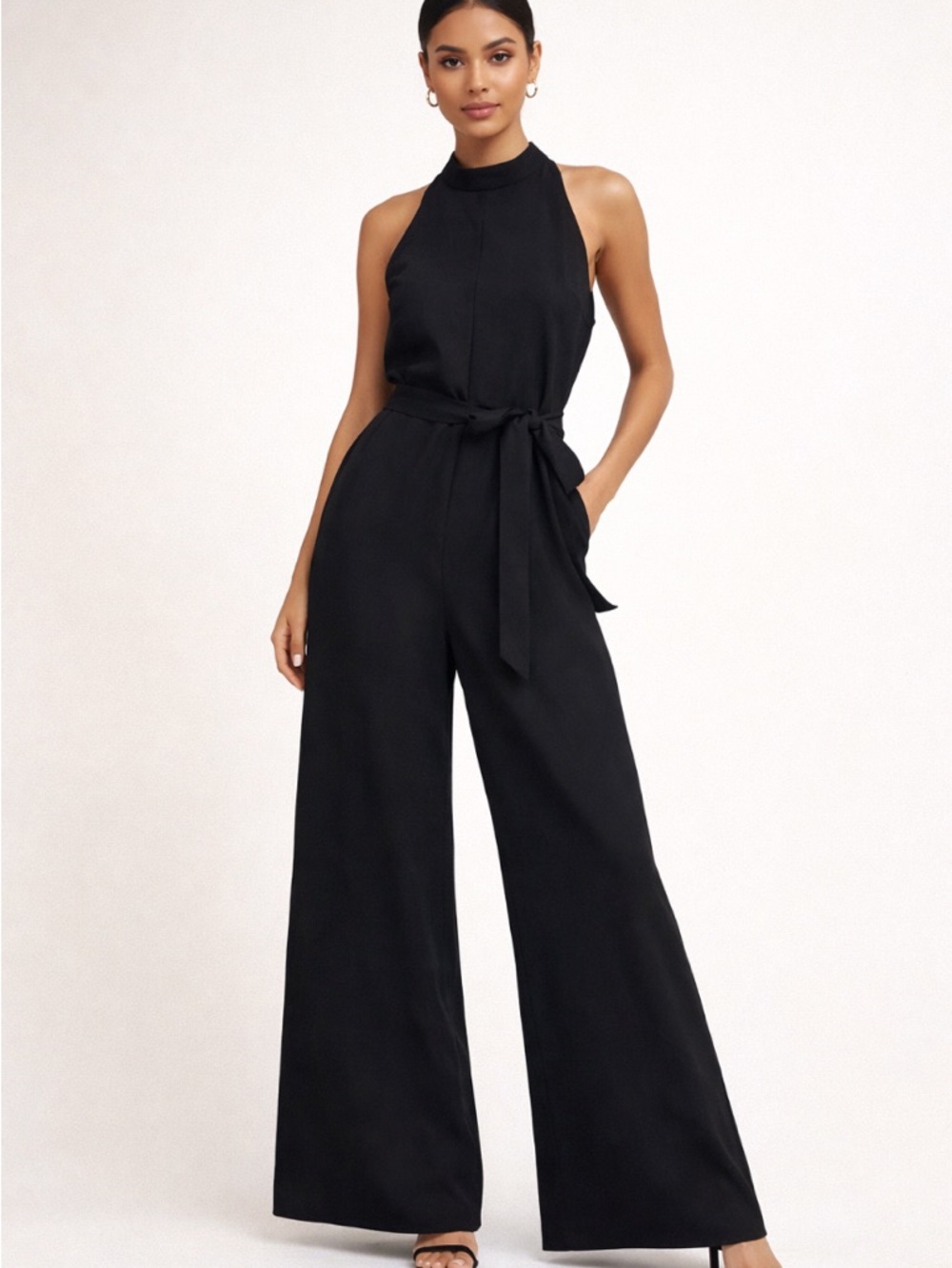 Zara Black Halter-Waist Wide-Leg Jumpsuit with Tie